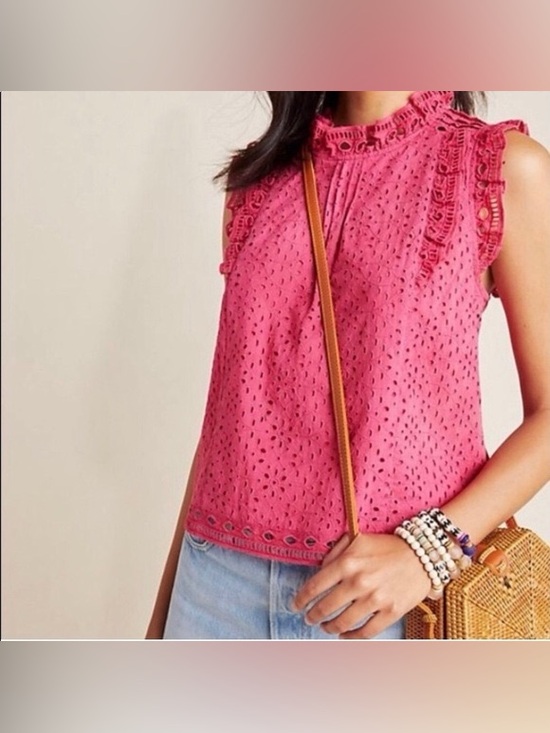 Tops - Maeve Eyelet Ruffle Blouse Pink Boho Cottagecore Size 10 Anthropologie